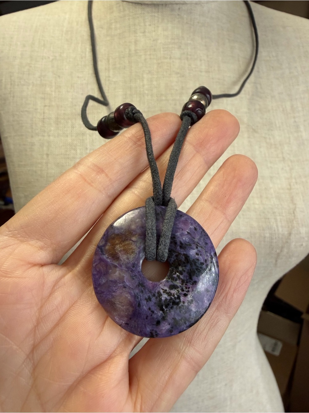 Stunning Natural Charoite Donut Amulet Necklace